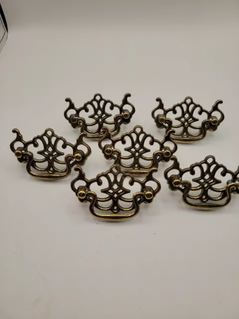 Vintage Ornate Brass Drawer Handles Pulls Drop Bail Pull Ornate 2½" Lot of 6