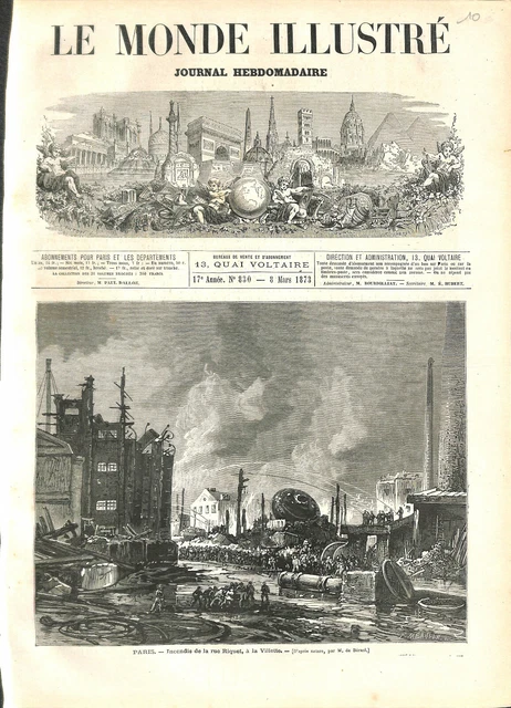 Incendie de plusieurs immeubles rue Riquet à la Villette Paris GRAVURE 1873