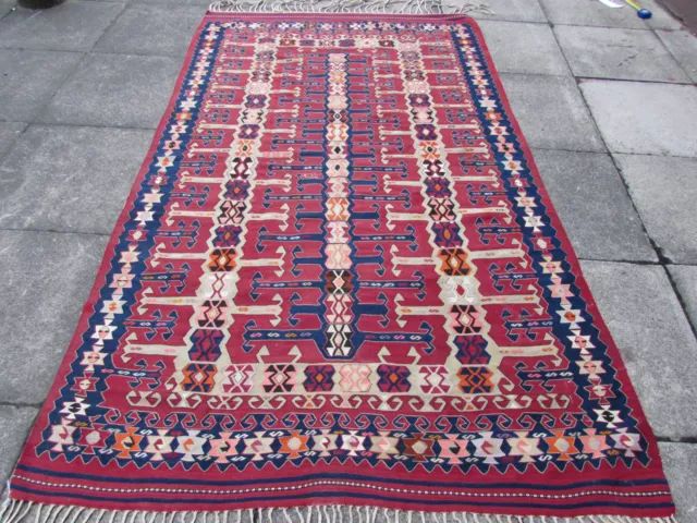 Fin Ancien Main Fabriqué Traditionnel Turc Rouge Bleu Laine L Kilim 257x153cm