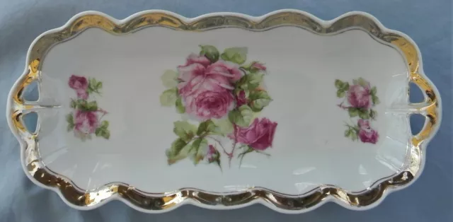 Antique P.K. SILISIA Porcelain Oblong Serving Dish Hand Painted Roses Gold Trim