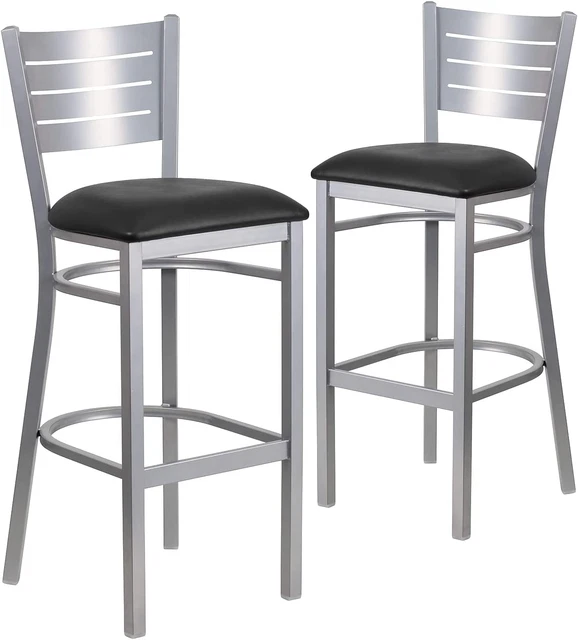 2 Pack HERCULES Series Silver Slat Back Metal Restaurant Barstool - Black Vinyl