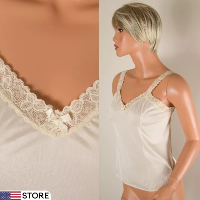 BARI Vintage Size S Ivory Silky Nylon Cami Tank Top Elastic Lace Strap Trim