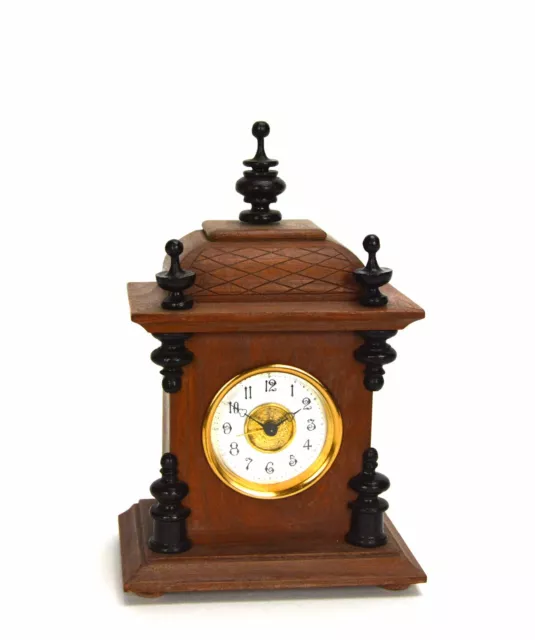 Miniature German Style Carved 3 Finial Bracket Clock with Porcelain Dial