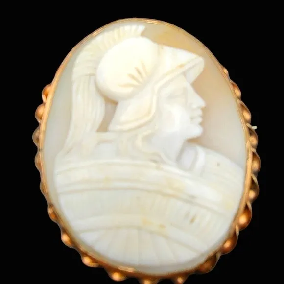 Antique Victorian Hand-carved Roman Soldier Cameo Brooch 10k Gold-filled Frame