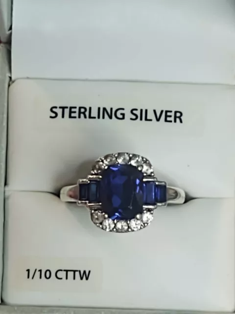 Beautiful Sapphire/Diamond Cluster Sterling Silver 925 Ring ~ Size 7 ~ 1/10 CTTW