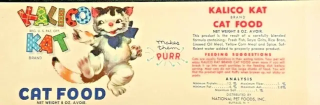 CAT LOVERS - 1960's Very Cute & Colorful KALICO KAT Cat Food Vintage Label - NOS