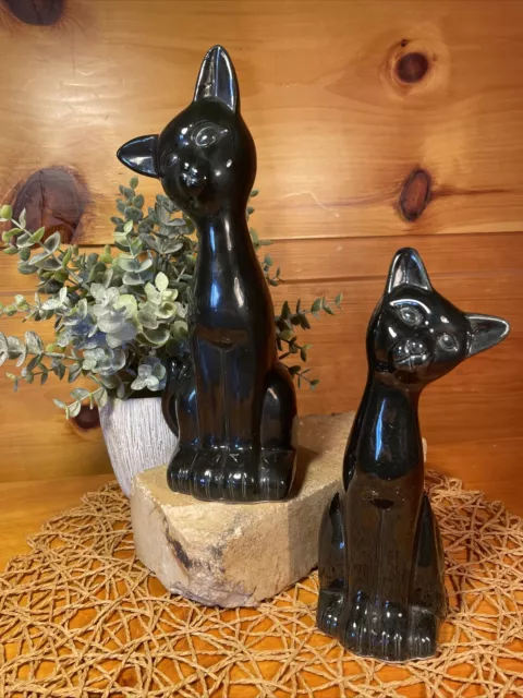 Vintage Mid Century Modern Pair of Ceramic Black Cat Figurines 10.5" & 8.75" T