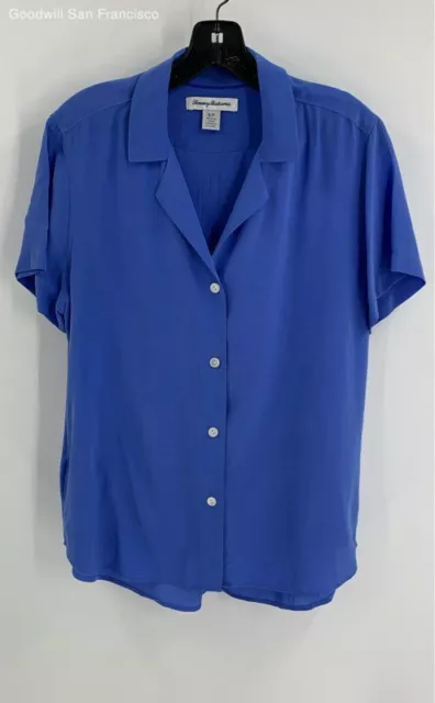 Tommy Bahama Womens Blue Silk Short Sleeve Casual Button-Up Shirt Size Small