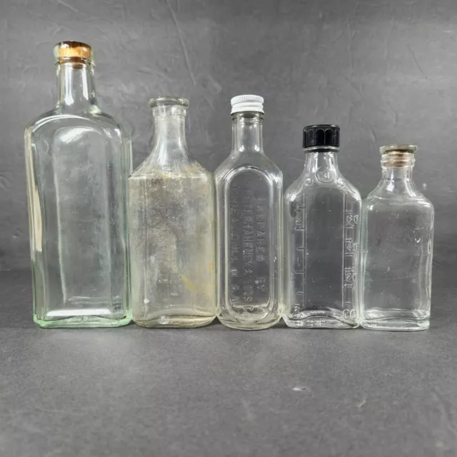 Antique Clear Glass Medicine Bottle Lot of 5 Vintage Old Collectible Bottles