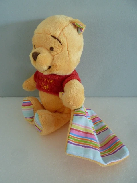 A5. DOUDOU PELUCHE DISNEY WINNIE the Pooh Mouchoir rayé bleu rose 20cm ETAT NEUF