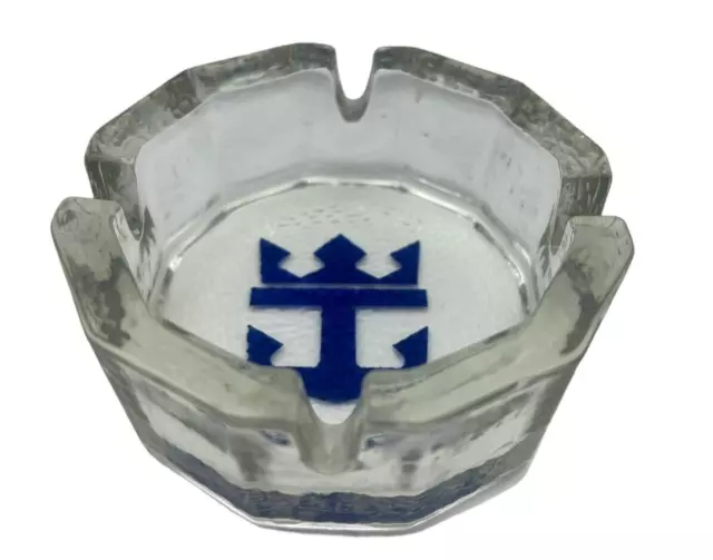 Vintage Royal Caribbean Cruise Blue Anchor Blenko Glass Ashtray Heavy Nautical