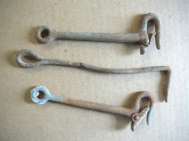 3 ANTIQUE GATE LATCHES - 2 CAST IRON with SPRING SAFETY CLIPS & ONE HAND FORGED
