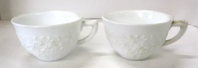 Pair of Vintage Milk Glass Tea Cups Floral Motif