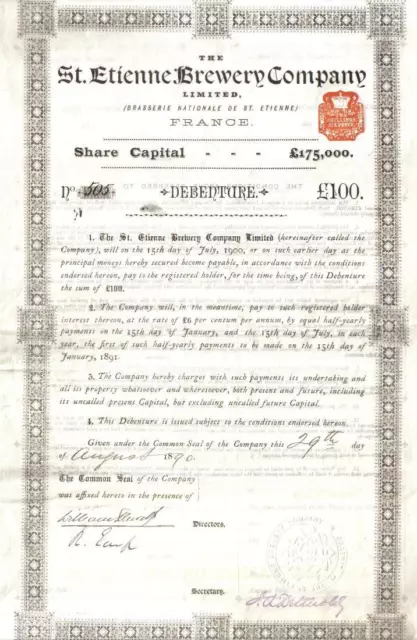 UK GB France Bond 1890 St. Etienne Brewery Co £100 Uncancelled Debenture Rare