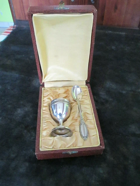 Ancien Coquetier Avec Cuillère De Baptême – Argent Plaqué, Vintage