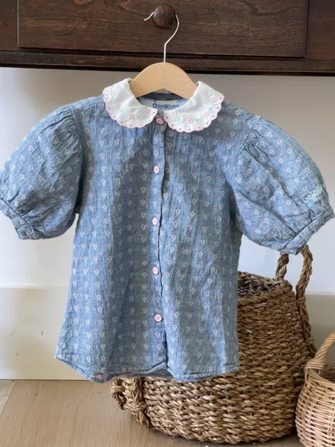 Vintage Osh Kosh B'Gosh Girls Denim Blue Pink Flower Top Blouse Shirt Size 5 USA