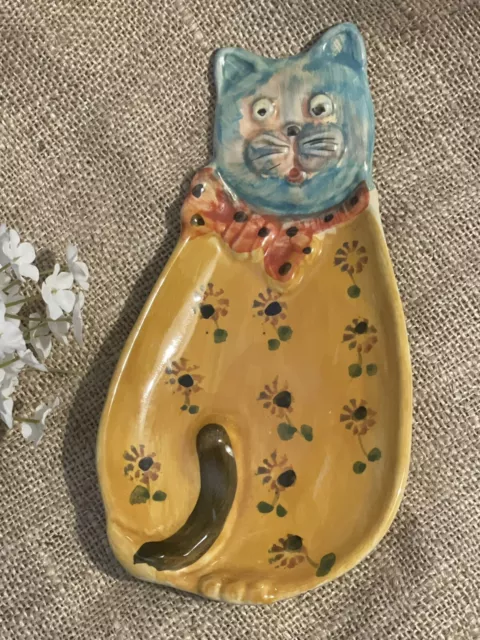 Cat Art Pottery Spoon Rest Dish Plate Wall Hanging Made In Italy ~flaw~ Kitty