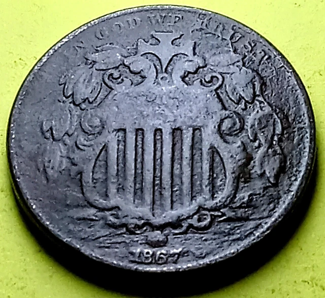 1867 SHIELD NICKEL 5c, No Rays ~ Obsolete U.S. Type Coin ⭕