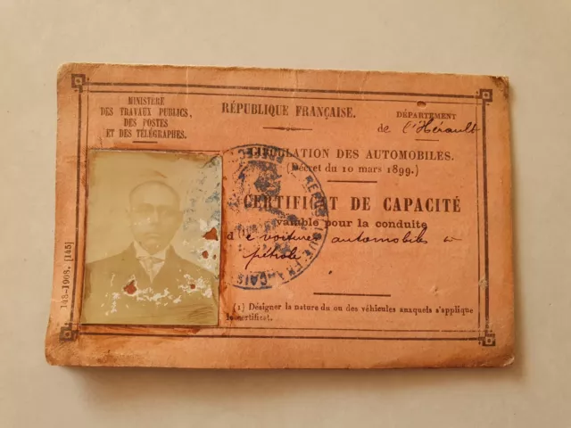 Hérault 34 Permis de Conduire , Certificat de Capacité automobile à pétrole 1908