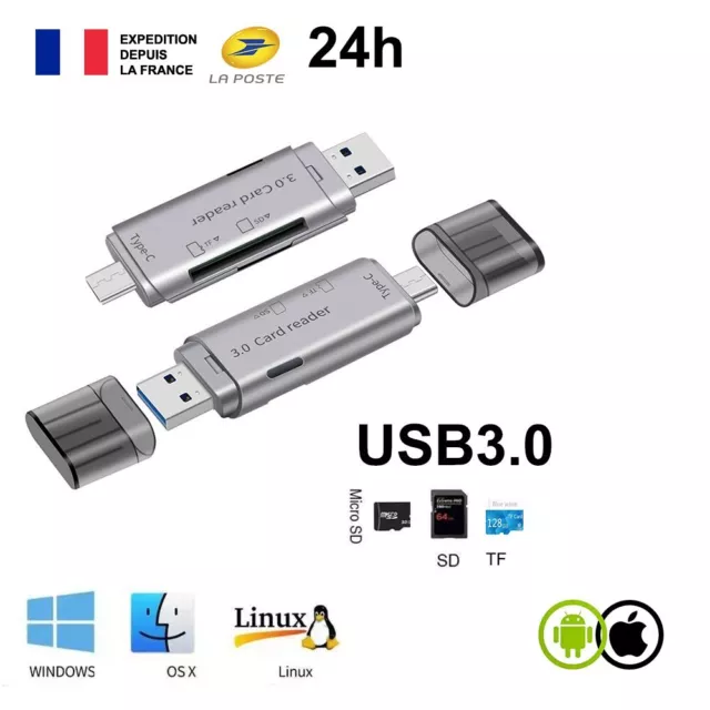 Lecteur cartes 5 en 1 Multifonction Usb 3.0 Type C Usb Micro Usb couleur gris