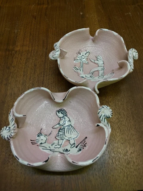 Mid Century 1950s Italian Majolica Pottery Boy & Girl Pink Pebble Glaze Dishes