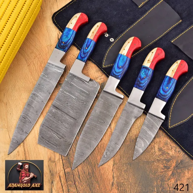 Hand Forged Damascus Steel Chef Kitchen Knife Set With Wood Handle +Sheath -421