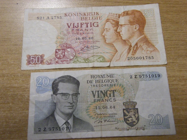2 x old Belgium 20 - 50 Francs Banknotes, Used folds and marks