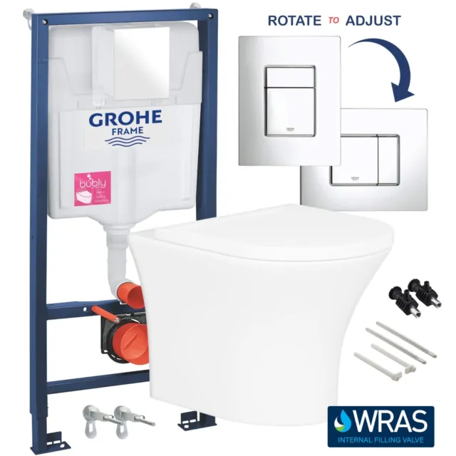 Rimless Wall Hung Toilet Pan & Seat with GROHE 1.13m Concealed Cistern Frame WC