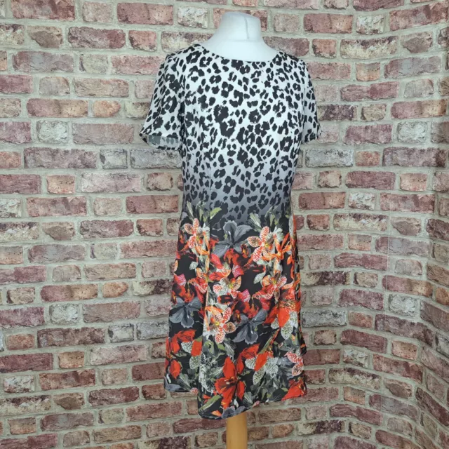 BIBA Dress Black White Animal Print Red Floral UK 12 Knee Length Flare Satin