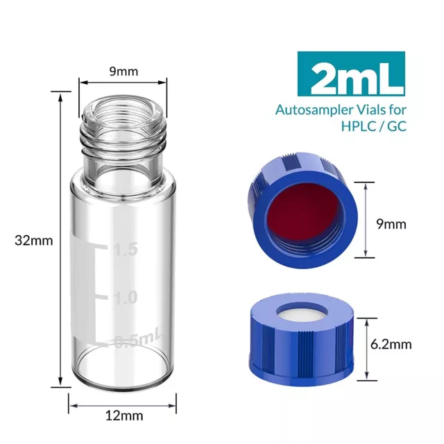 2ml 9mm HPLC Vial, Clear Autosampler Vial,9-425 Blue Screw Cap with Hole 100Pack