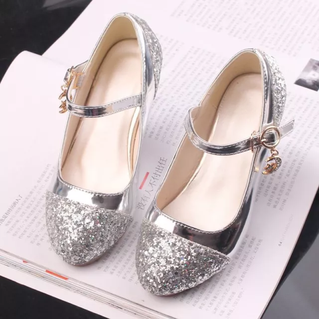 New Kids Girls Princess Low Heel Party Wedding Mary Jane Sparkly Sandals Shoes