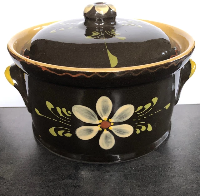POT avec couvercle POTERIE terre cuite vernissée décor fleur ALSACE Soufflenheim