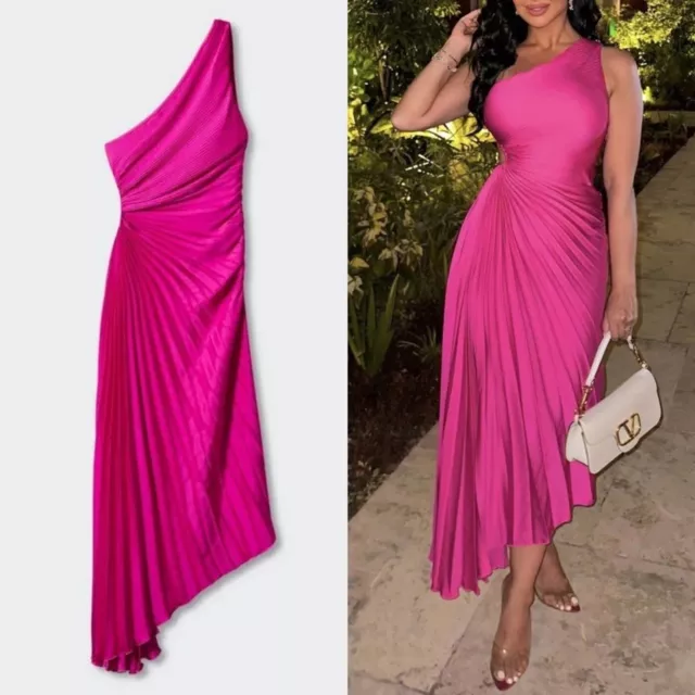 MANGO Claudia One-Shoulder Side Cutout Pleated Midi Dress, Fuchsia Pink, Size 6