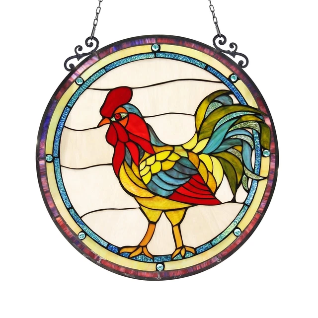 Stained Glass Rooster Round Window Panel Handcrafted Tiffany Style 24" Across