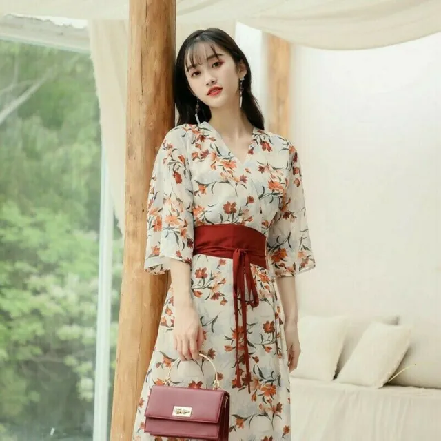 Women's Japanese Kimono Dress V-neck Flowers Print Slim Skirt with Girdle Dress