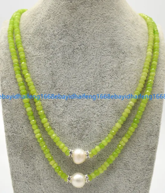 2 Reihen 2x4mm Grün Peridot Rondelle & Weiß Perle Edelstein Halskette 17-18 Zoll