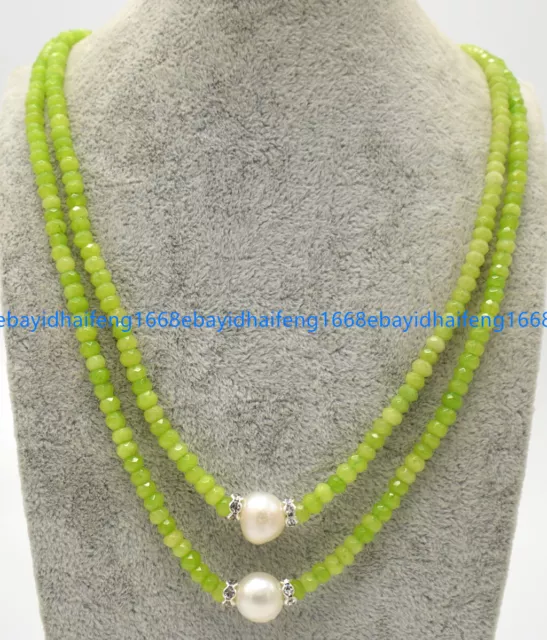 2 Reihen 2x4mm Grün Peridot Rondelle & Weiß Perle Edelstein Halskette 17-18 Zoll