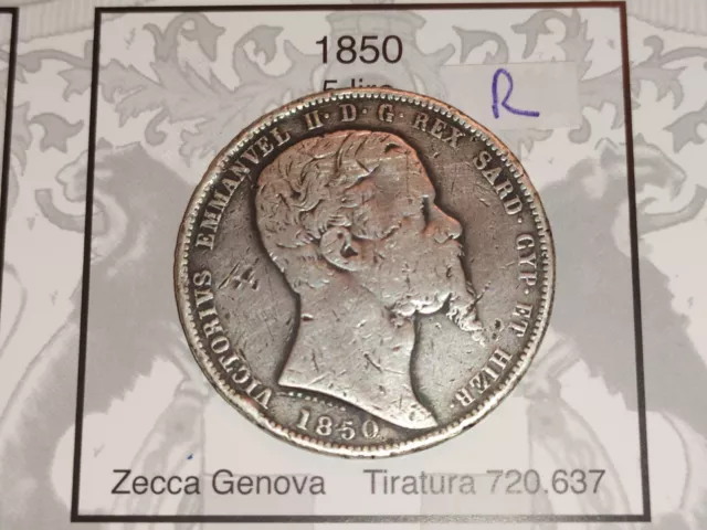 5  Lire 1850 Genova Regno di Sardegna Vittorio Emanuele II