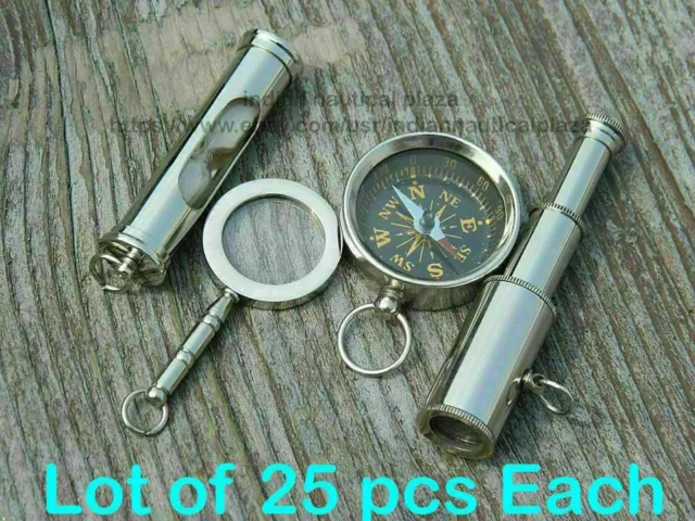 Lot Of 25 Each Brass Mini Sand Timer, Magnifying,Compass,Telescope Key Chain