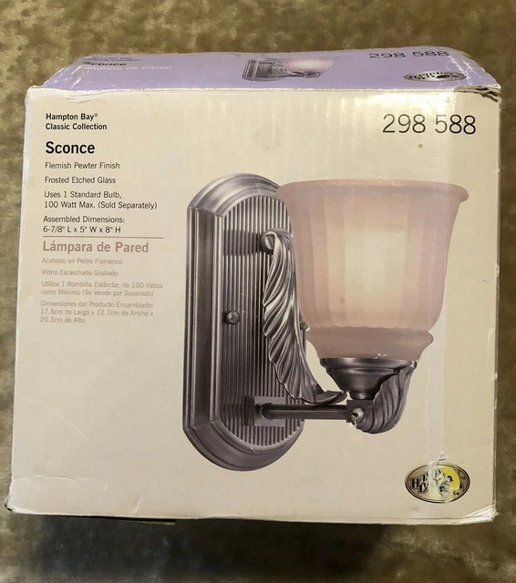 New! Hampton Bay Classic Collection Sconce Pewter Frosted Etched Glass 298588