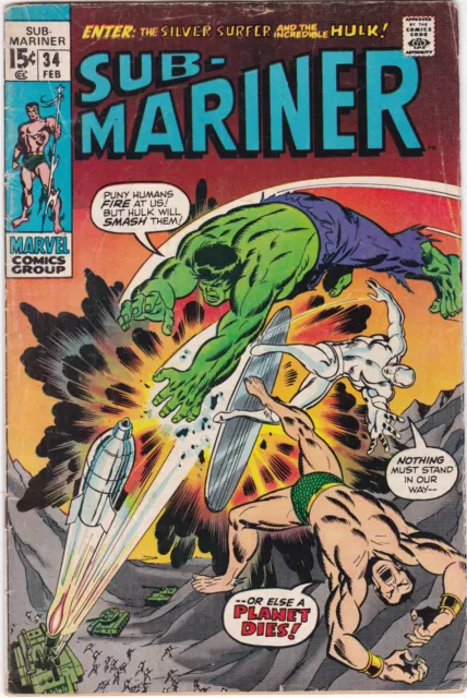 SUB-MARINER #34 F/VFINE HULK & SILVER SURFER App Pre 1st DEFENDERS MARVEL 1971