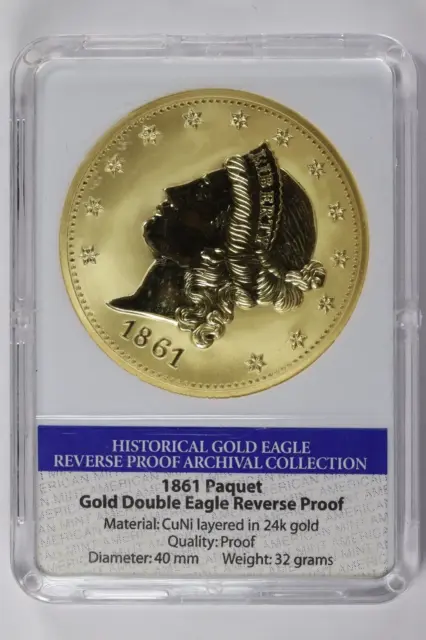 1861 Paquet Gold Plated Double Eagle Reverse Tribute Proof Copy Coin