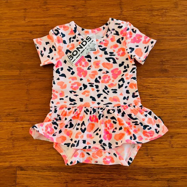 Bonds Baby Girl Black Pink Orange Leopard Print Spots Balletsuit Size 1 BNWT