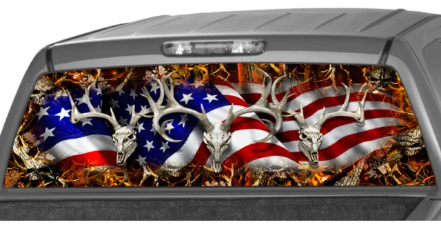 AMERICAN FLAG BUCK SKULL BLAZE Rear Window Graphic Decal Tint suv camouflage