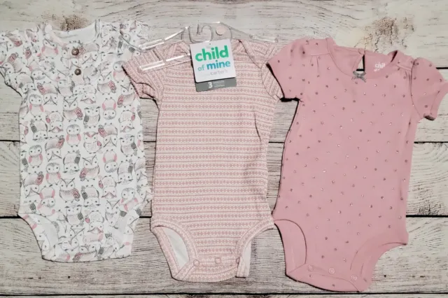 NWT Child Mine,Carters Baby Girl BODYSUIT 3p Set OWL Dusty Rose Pink/Silver Dot