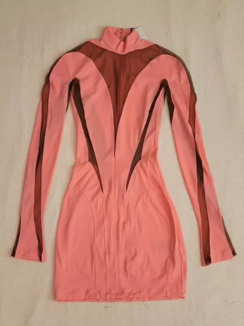 Mugler x H&M Women's Mesh-paneled Mini Dress - Pink/Brown Mesh - Size XXS - NWT