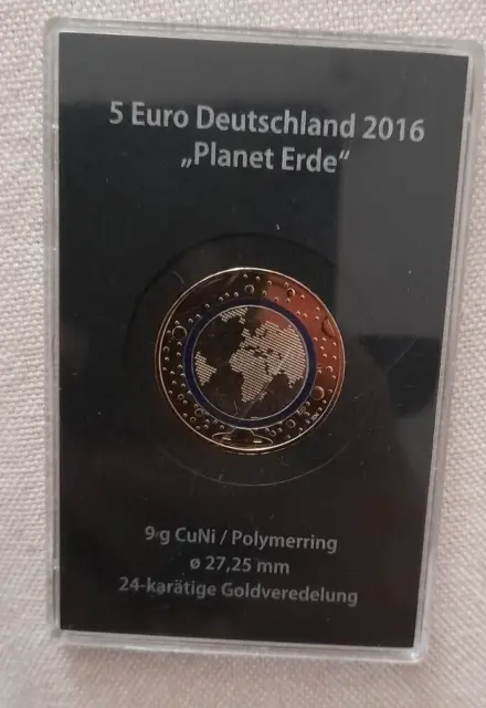 5 EURO 2016  D  Germania "Pianeta terra BLU" Polimero Blu  Bagnato in Oro 24kt