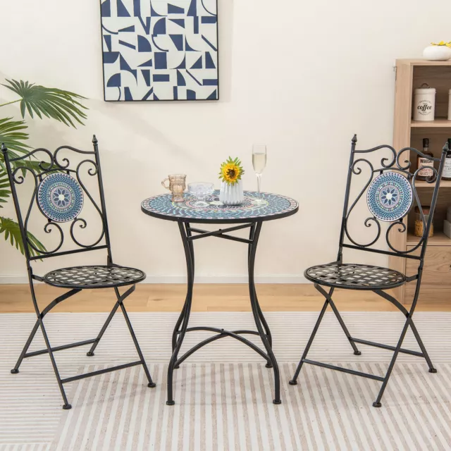 3 PCS Outdoor Dining Bistro Set Mosaic Pattern Metal Decorative Patio Furniture