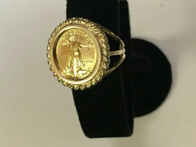 Without Stone LADY LIBERTY 20"mm COIN Women Wedding Ring 14k Yellow Gold Finish