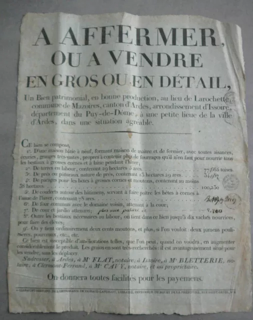 Mazoires Auvergne. Ardes. Maison de Maître et de Fermier à Vendre. 1820